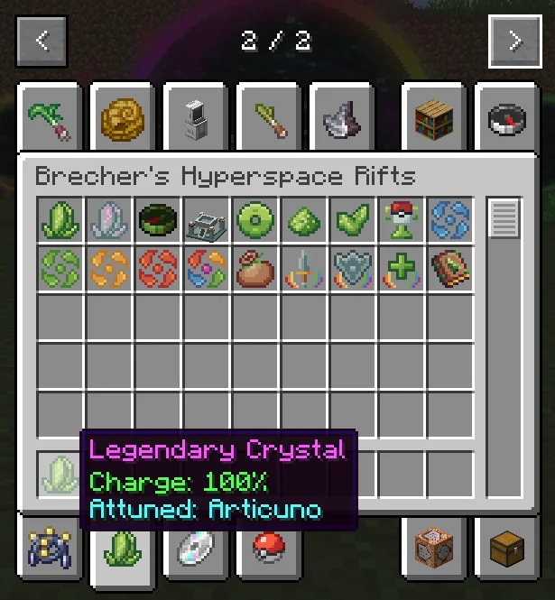 A Legendary Crystal tooltip: Charge 100%, Attuned: Articuno