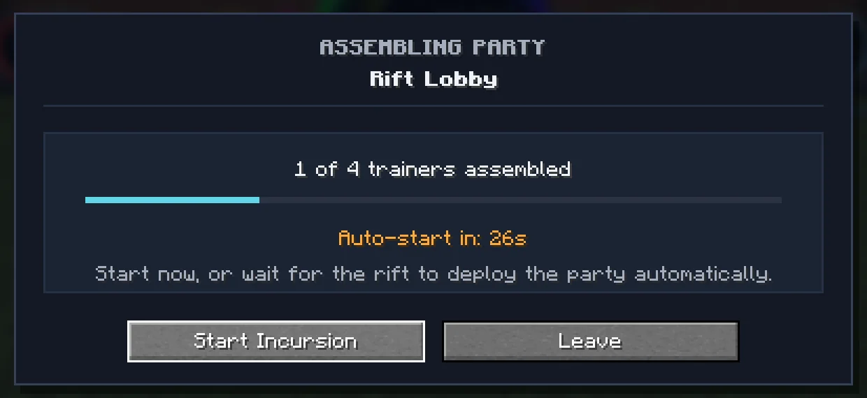 The rift lobby: 1 of 4 trainers assembled, auto-start countdown, Start Incursion and Leave