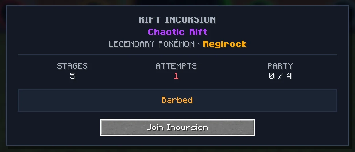 The Rift Preview of a Chaotic rift: five stages, one attempt, a party of up to four, the Barbed anomaly, and Regirock waiting at the end